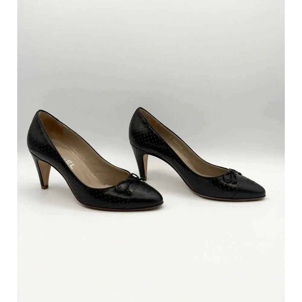 Chanel Black Perforated Leather Heels w/ CC Cap Toe & Bow Accent Size EU 36.5